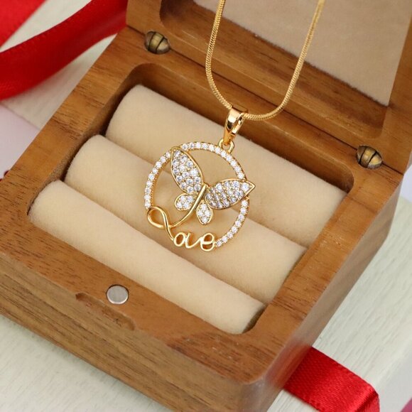 "Rose Gold Butterfly Pendant with Crystals and 'Love' Design, XPPT1478 - Picture 5 of 13